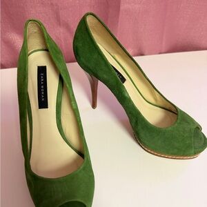 Zara Green Suede Peep-Toe High Heels